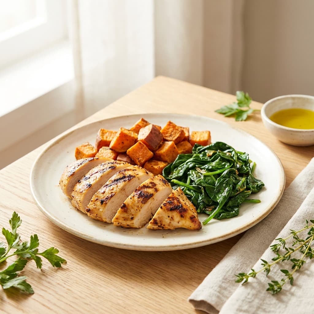Grilled chicken, sweet potato, and spinach