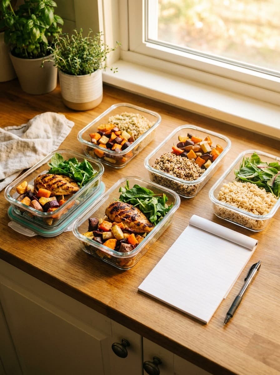 A week of meal prep in glass containers on a kitchen counter