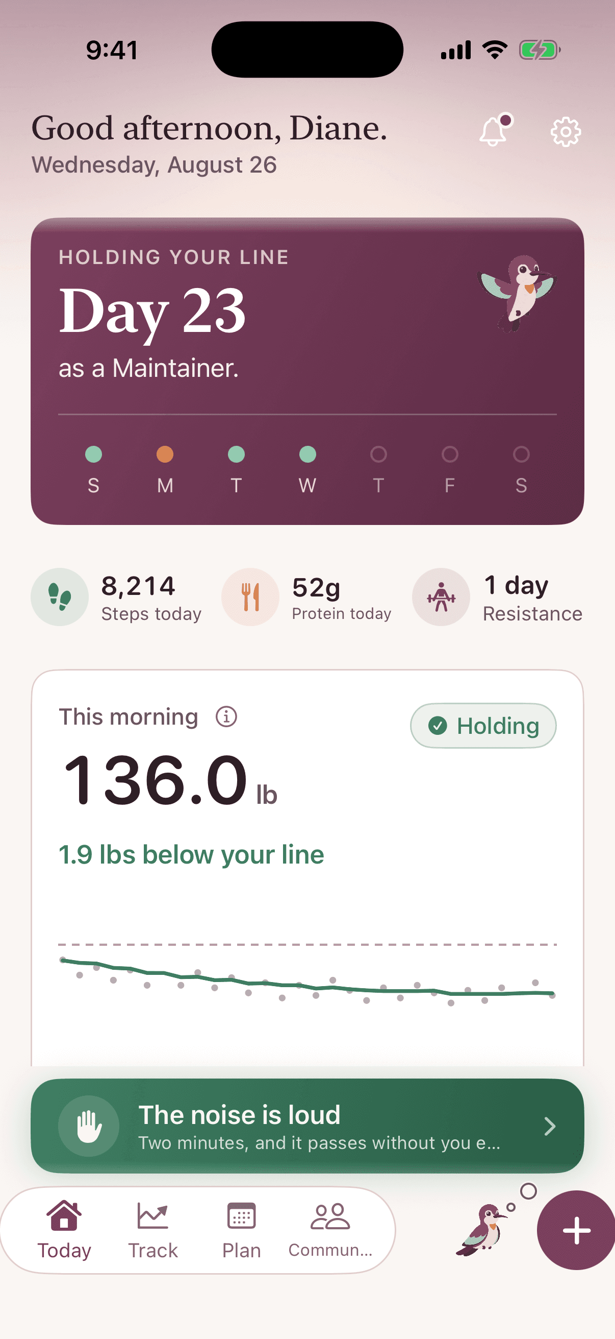 Today: the daily view with weight against the hold line, protein, and streak